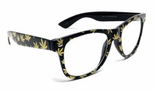 BLACK GOLD MARIJUANA WEED LEAF SQUARE SUNGLASSES CLEAR LENSES HIP HOP RETRO 80S