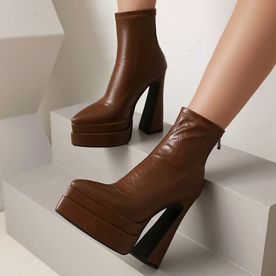 Womens Punk Ankle Boots High Block Heel Pointed Toe Pull On Platform Booties US