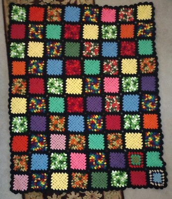 54'' x 43'' Vintage Afghan, Colorful Squares Trimmed Out In Black.  Award Winning