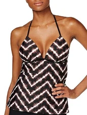 Hula Honey BLACK/GREY Electric Tie-Dyed Push-Up Halter Tankini Top, US Large