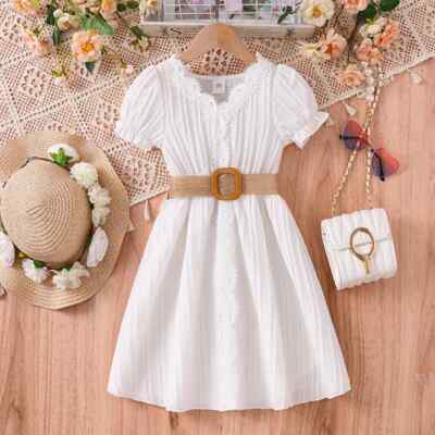 Short-Sleeved Skirt&Woven Belt for 4-12Ys Girl Dress Party Daily Casual  Clothing | eBay