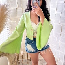 Nasty Gal Button Through Wide Sleeve Cropped Blouse in Lime Green