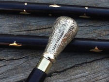 Glorious Knob Brass Silver Finished Head Handle Black Wooden Walking Stick Gift