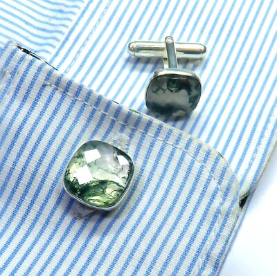 Moss Agate Cushion Shape Checker Cut 925 Sterling Silver Cufflinks For Men Gift