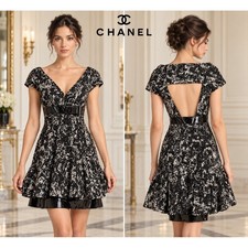 Chanel Karl Lagerfeld Wool Mini Dress Black White Leather Bow FR 36
