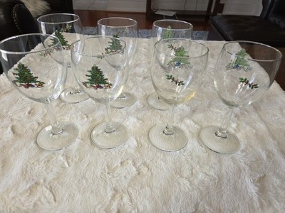 Vtg Anchor Hocking Holiday Magic Christmas Tree Wine Glasses Set Of 7