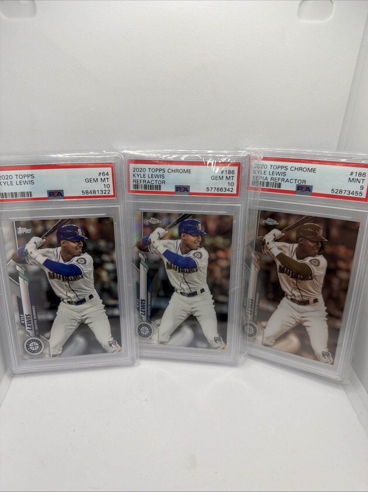 2020 Topps Chrome #186 Refractor Kyle Lewis RC Rookie PSA 10 And Base 10 Sepia 9