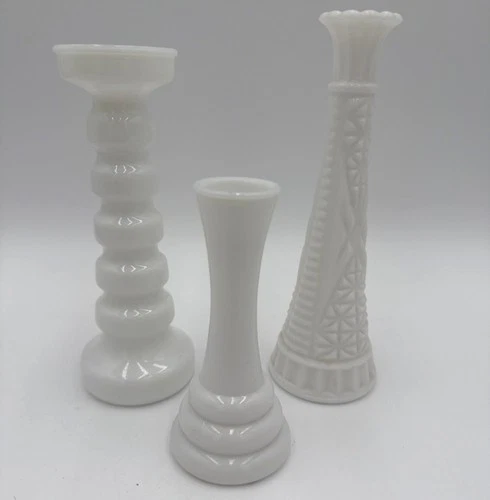 Three Vintage Milk Glass Vases Mid-20th Century Hobnail & Smooth & Candle Holder