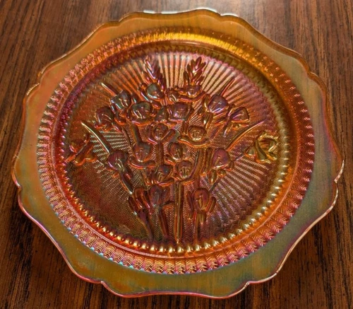 Jeanette Glass Amber Iridescent Carnival Iris & Herringbone 9" Plate
