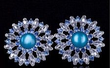 Women's Blue Clear Crystal Sunflower Earrings