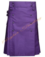 Men's Purple Cotton Utility Kilt, Modern Pockets Highland Dress kilt Custom Size