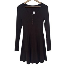 Gap Brown Ribbed Knit Henley Long Sleeve Fit & Flare Mini Dress M Y2K Academia