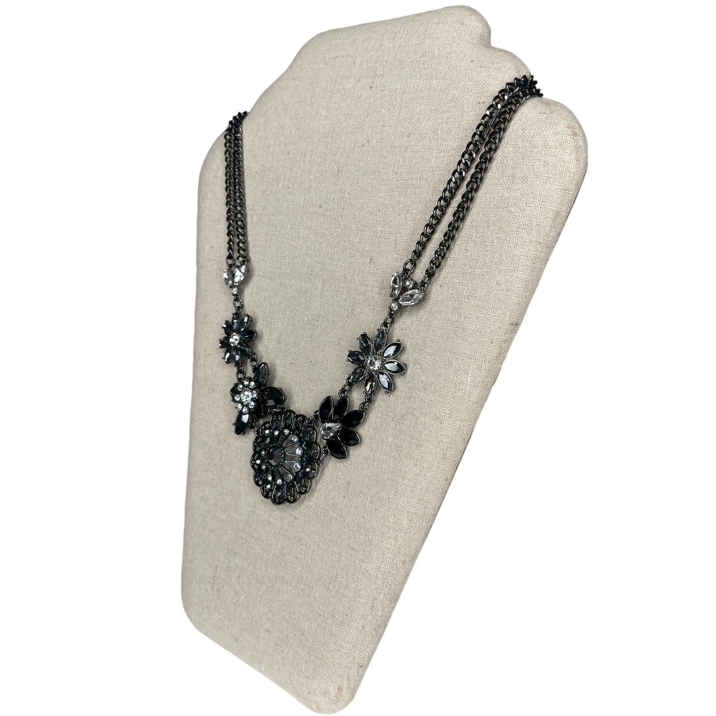 Black Rhinestone and Chain Statement Necklace Flo… - image 4