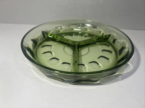 Vintage Indiana Glass Green Thumbprint Kings Crown  Divided Relish Dish