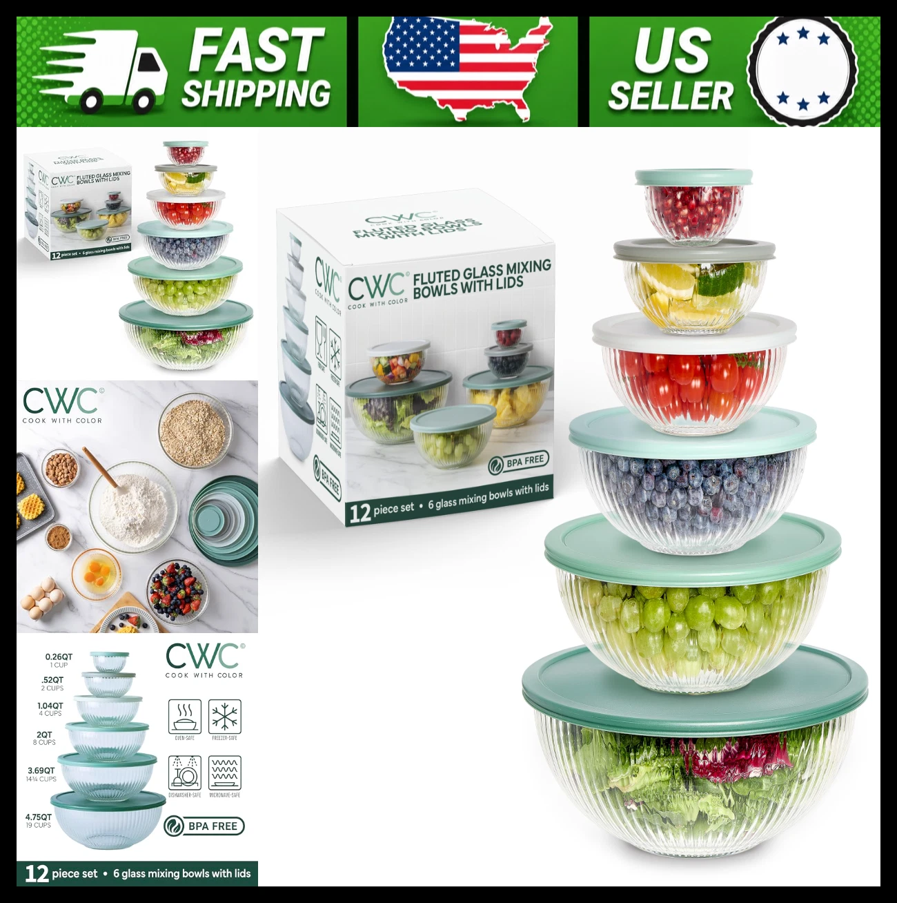 Cook With Color Glass Mixing Bowls with Lids Set, 12 Piece, Sage