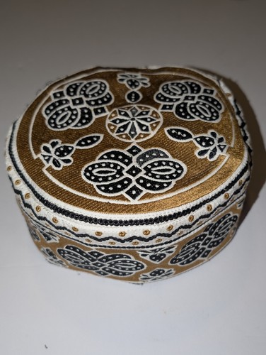 Vintage Embroidered Kufi Prayer Cap Gold Black White Islamic Muslim Hat 7"...