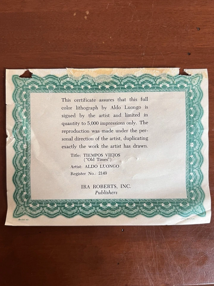 Litografía firmada por padre e hijo Aldo Luongo “Tiempos Viejos” 22x28 certificado de autenticidad edición limitada Foto 3 de 3