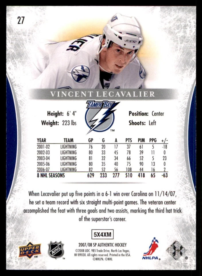 2007-08 SP Authentic Vincent Lecavalier Tampa Bay Lightning #27 - Image 2 of 2