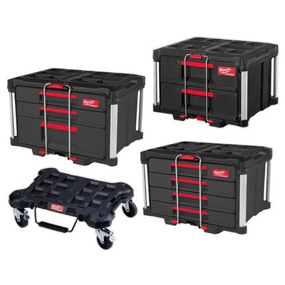 Milwaukee Black PACKOUT Flat Trolley, 2+1 Drawer Tool Box, 4 Drawer Tool Box & 2