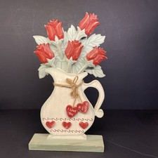 VTG Hand Painted Wooden Free Standing 3Dimensional Vase Of Flowers 13  Valentine