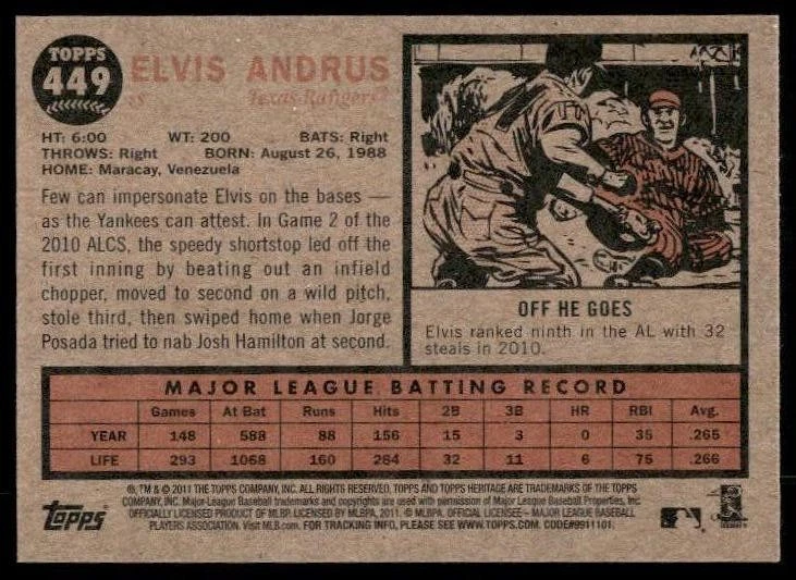 2011 Topps Heritage #449 Elvis Andrus Short Print - Image 2 of 2