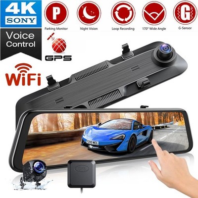 4K 12'' WiFi Mirror Dash Cam GPS Voice Control Car Backup Cam Dual Lens Camera