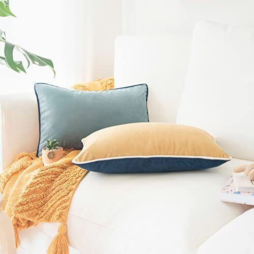 Decorative Throw Pillow Covers Cushion Cases, Set of 2 12x20 inch Blue/Beige - Picture 4 of 7