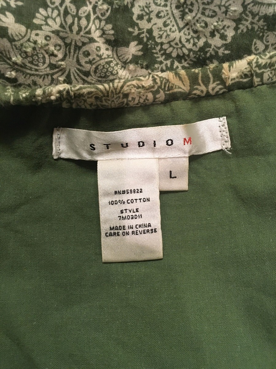 Studio M Large 100% Cotton Draw Waist Cottage Core Green & White