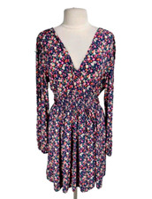 ASOS Women Skater Mini Dress Size 14 Floral Multi-Color V-Neck Long Sleeve 284A