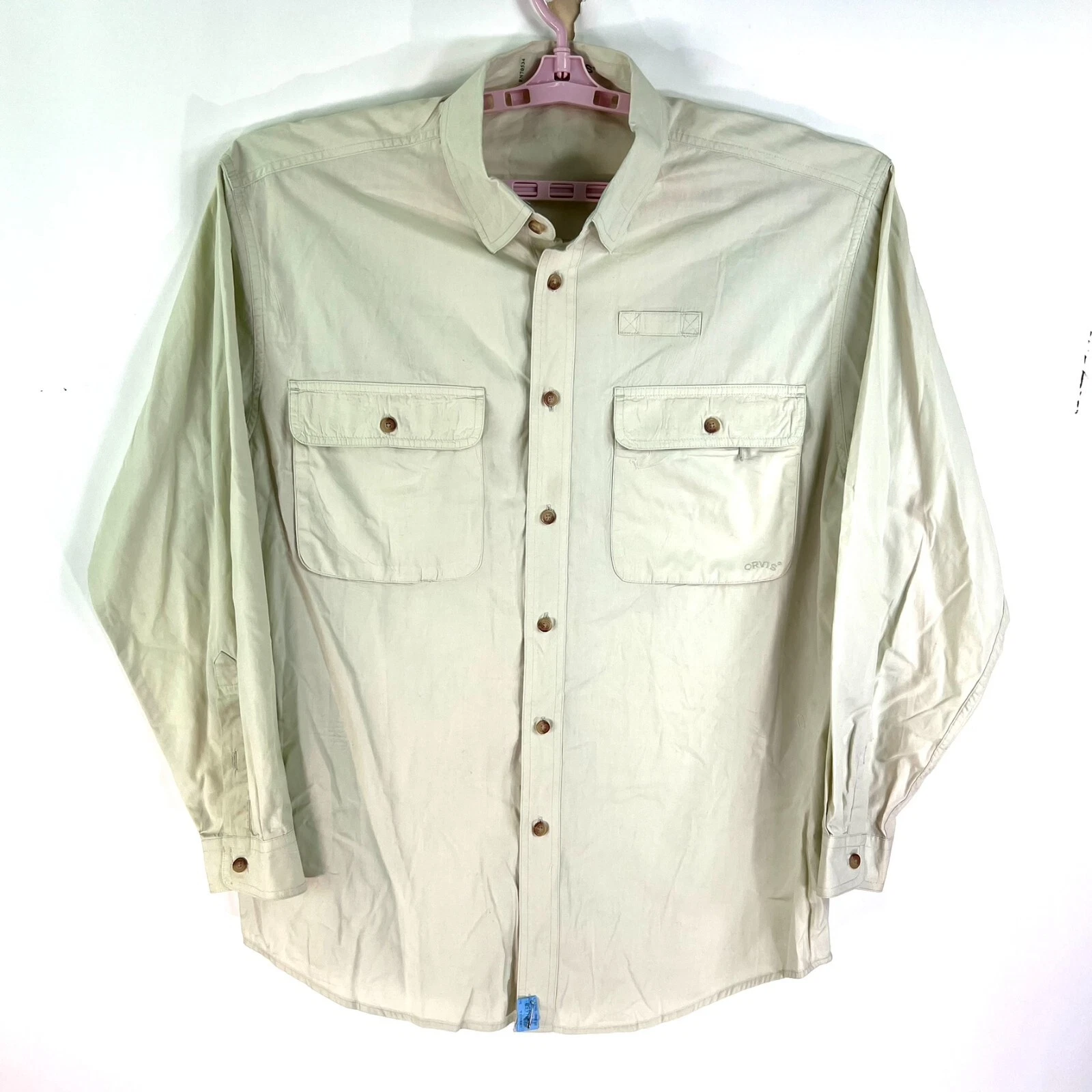 Orvis Outdoor Cargo Shirt Mens Size L Tan Long Sleeve Pockets
