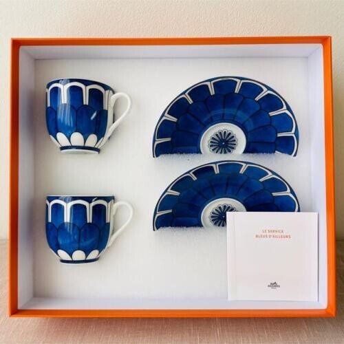Hermes Bleus d'Ailleurs Demitasse Cup and Saucer 2 set blue