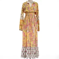 Hemant & Nandita NWT Long Sleeve Maxi Dress Size Medium in Yellow/Multi Floral