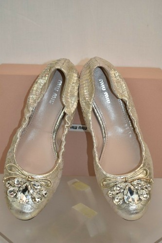 MIU MIU 5F149C PIRITE PYTHON PRINT SHIMMER LAME CRYSTALS JEWELED BOW FLATS 36 - Picture 6 of 12