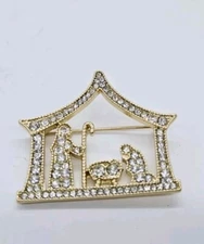 MONET Nativity Brooch Gold tone Crystal Scene Manger Christmas 2 in