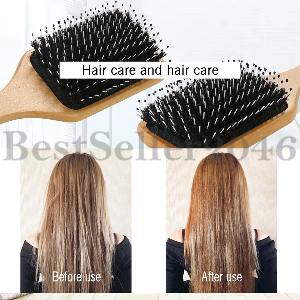 Natural Boar Bristle Hair Brush Wooden Paddle Detangling Cushion Hairbrush Large - Image 2 of 4