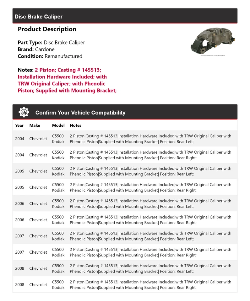 Pinza de freno de disco Cardone 2005 2006 2007 para Chevrolet C5500 Kodiak 2004-2008 Foto 2 de 4