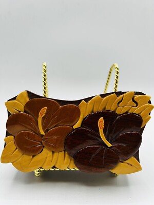 Vintage Hand Carved Wood Puzzle Jewelry Box Hibiscus Flowers Red Velvet Inside