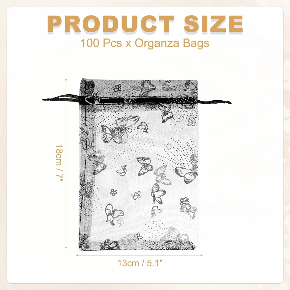 Organza Bags, 100 Pcs 5.1 x 7 Inch Butterfly Mesh Candy Pouch, Black Silver Foto 2 de 4