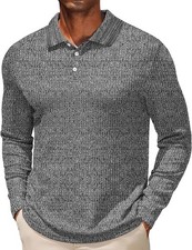 Men's Long Sleeve Polo Shirt Muscle Fit Stretchy Textured Knit Casual Work Tee