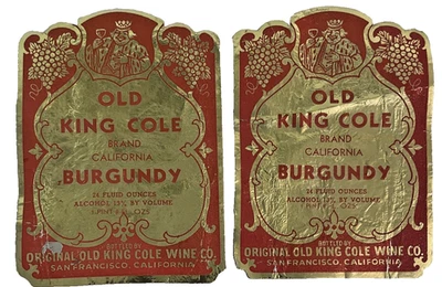 Lot of 2 Vintage Old King Cole California Burgundy Wine Label Gold Foil 1930s - Image 1 of 4