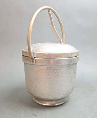 Vtg MCM Hammered Aluminum-Italian Ice Bucket-Attached Pivot Lid SB-501
