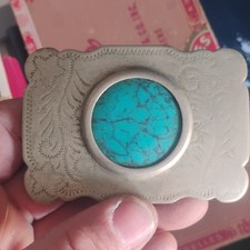 Nickel Silver Western Americana Belt Buckle Turquoise Stone Engraved Design