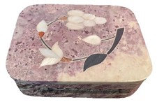 Trinket Box GIFT Hand Carved Soapstone Inlaid Mother of Pearl Israel Pink White