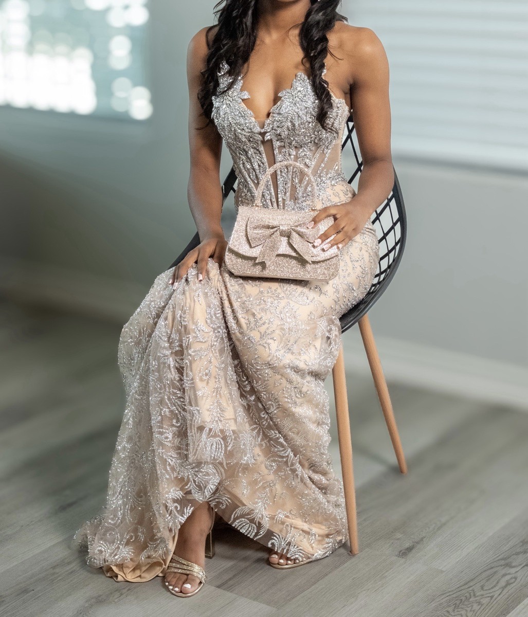 knee length dresses for ladies Elegant Mesh Overlay Split Mermaid Hem Sequined Beaded Evening Dress Champagne / M
