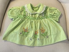 Cotton Candy Girls Green Dress Sz 3-6 M Gingham Lace Collar Embroidered Bunnies