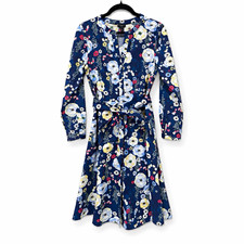 Talbots Blue Floral V-Neck Shirt Dress Belted Long Sleeve Knee Length 4P