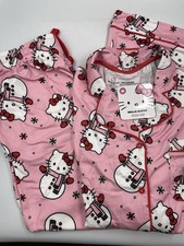 Hello Kitty 2-piece Snowman Pajama Set Pink Cuffed Pants  Button Up Top HTF 