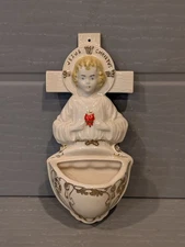 Holy Water Font Divine Child Jesus Sacred Heart Halo Porcelain Wall Hanging