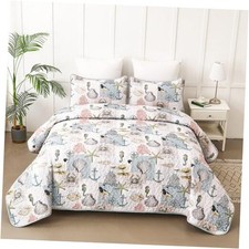 Ocean Quilt Set Bedspread Coverlet Size 3 Piece-Soft Queen Beige Patchwork