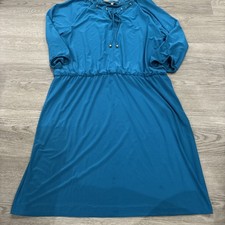 Nine West Sheath 16 Dress Teal 3/4 Sleeve Collarless Elastic Waist Tie Neckline